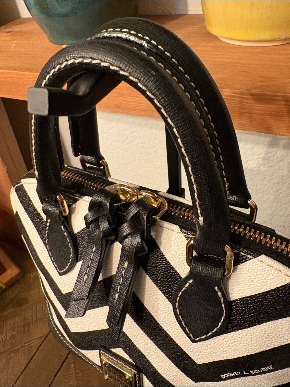 Dooney & Bourke Mini Chevron Satchel Crossbody Black & White - Picture 3 of 7